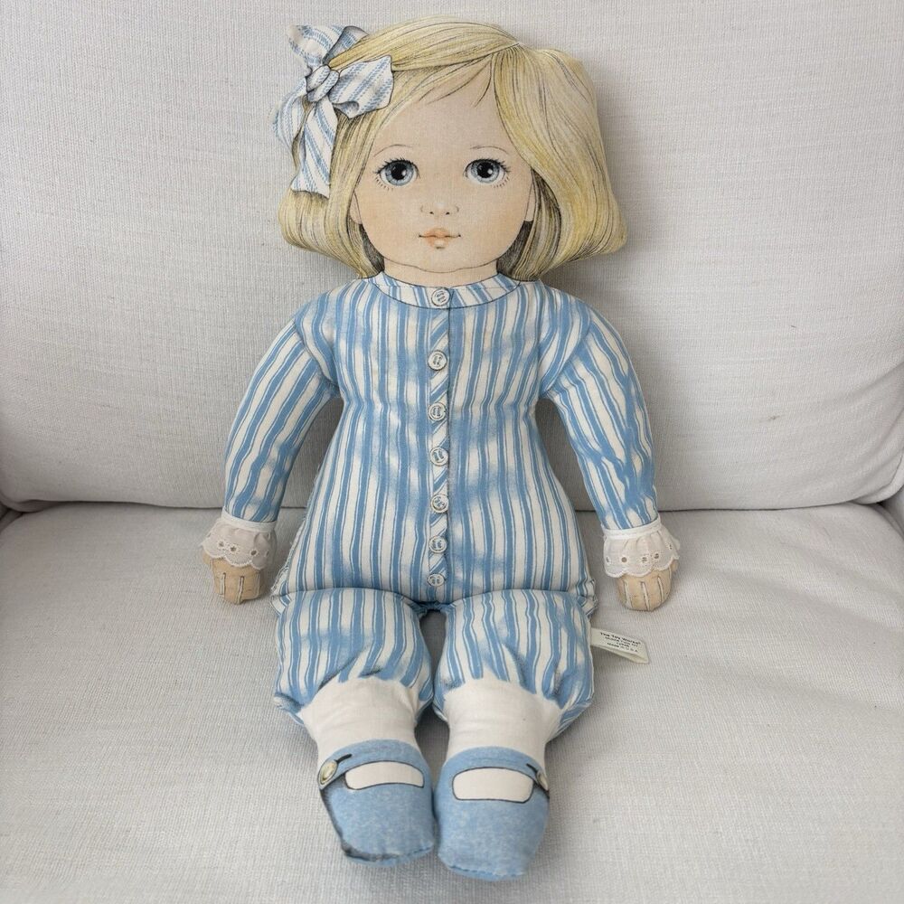 Vtg Cloth Plush Doll 1984 Toy Works Valerie Leonard Blue Stripes Pinafore Blonde - Picture 6 of 16